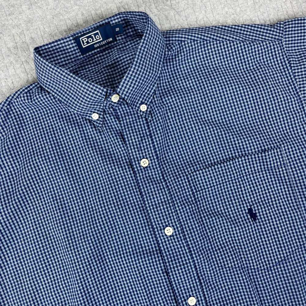 Vintage Polo Ralph Lauren Men L‎ 20 Blue Gingham Check Short Sleeve Shirt